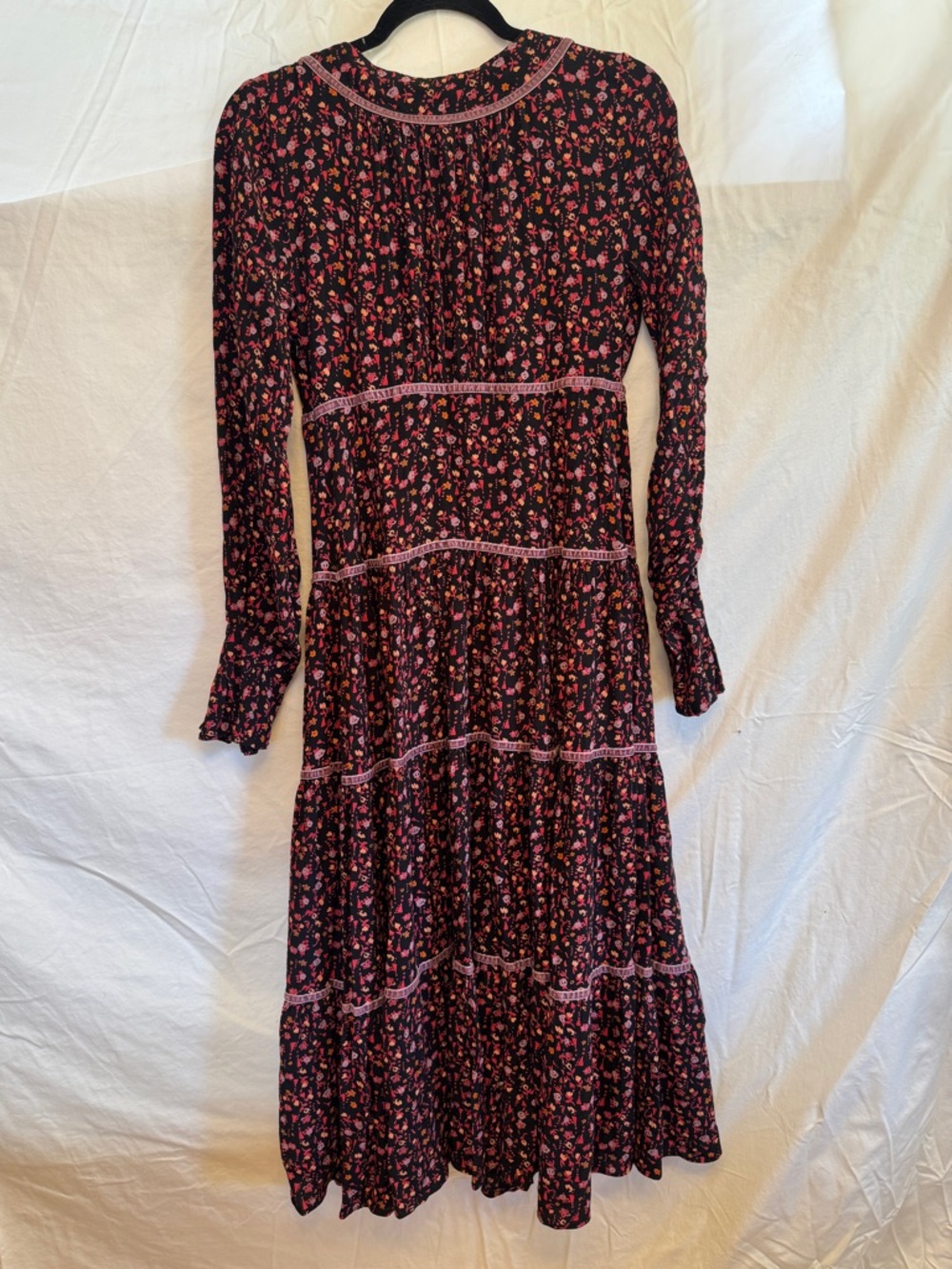 Free People Floral Boho Midi Dress Womens 10 Velvet Trim Tiered Long Sleeve - Picture 3 of 7